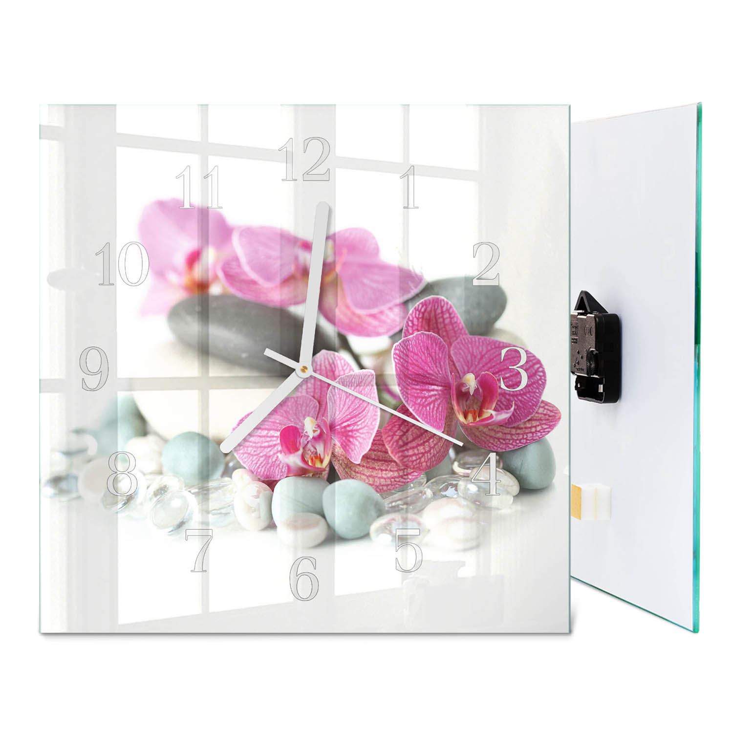 Čtvercové skleněné nástěnné hodiny do obývacího pokoje s motivem orchideje 30 x 30 cm