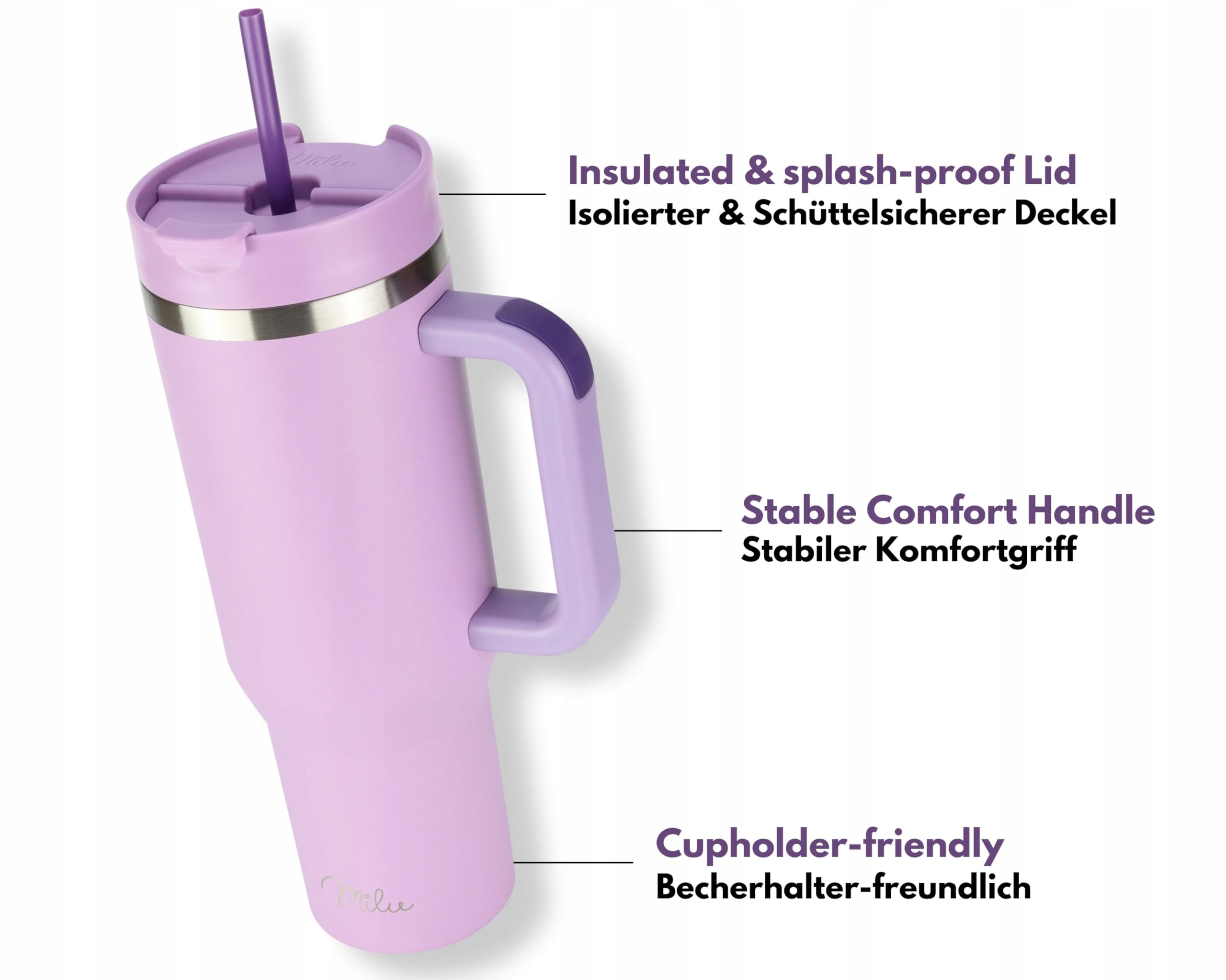 MILU Kubek Termiczny 1200ml Słomka Uchwyt Stal Nierdzewna 40oz Lilac — miniatura 2