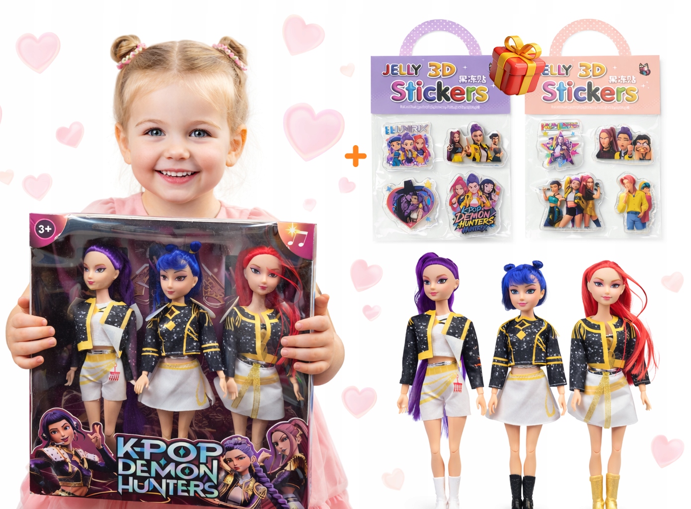 ZESTAW 3 LALEK KPOP DEMON HUNTERS 30 CM + LOSOWE NAKLEJKI DLA DZIECKA