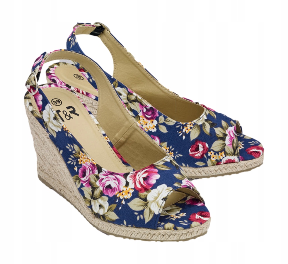 BUTY SANDAŁY DAMSKIE koturn GRANAT KWIATY *36