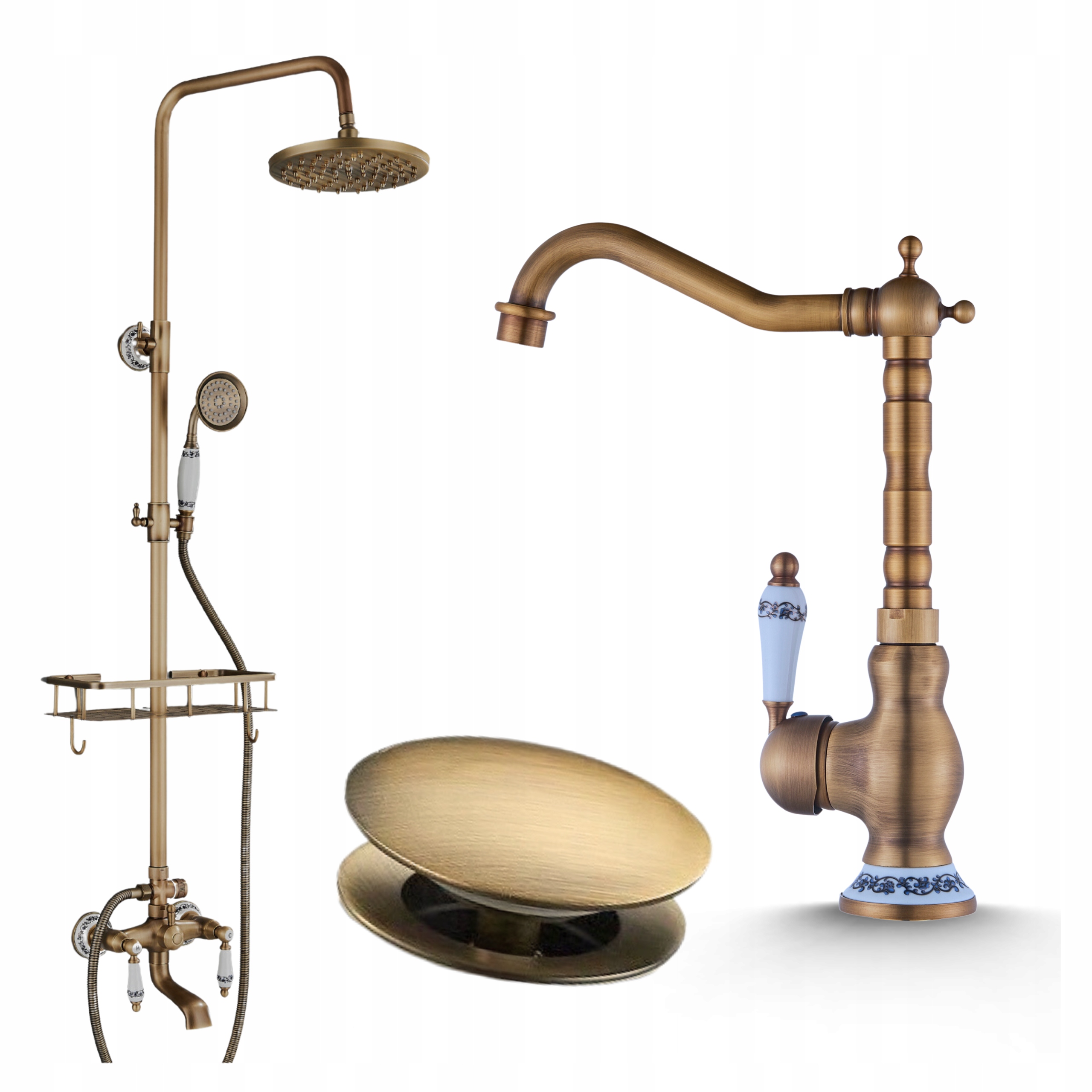 Koupelnová Sada Umyvadlová Baterie Stojící Retro Mosaz Sprchová Zátka