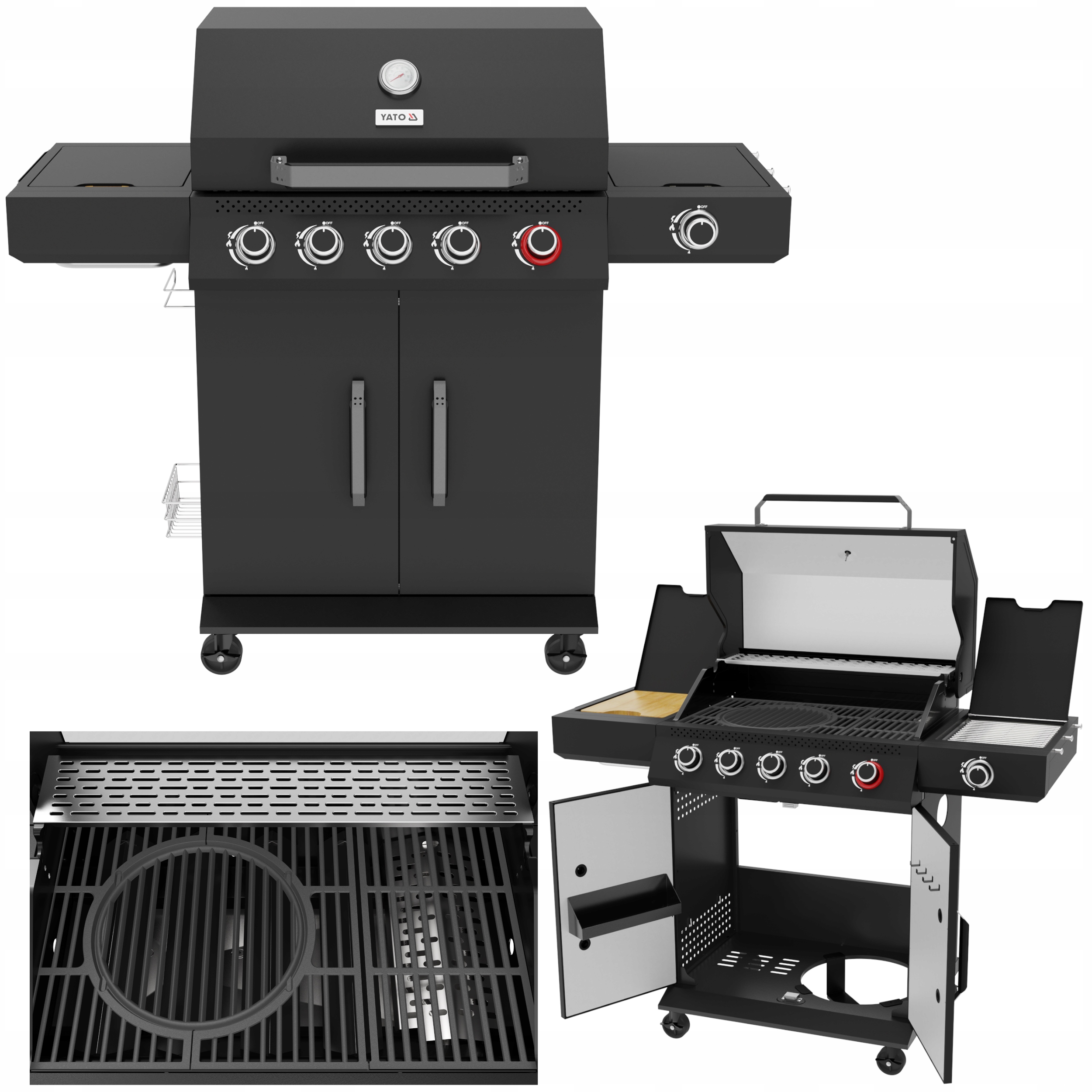 Yato Grill Gazowy Ogrodowy 5+1 Duży 6 Palników Żeliwny Ruszt Półki Czarny