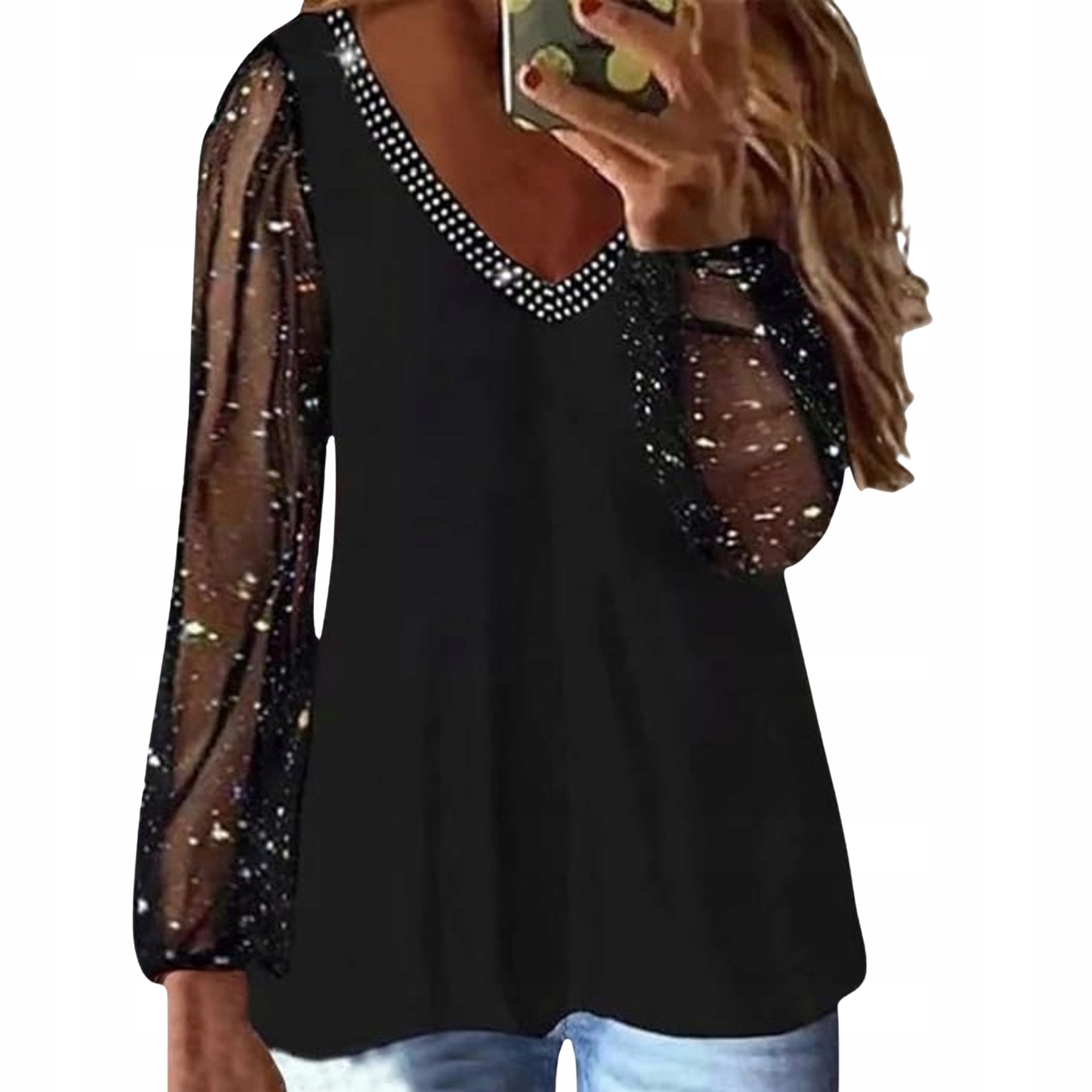 wieczorowa bluzka damska z siateczkowymi rękawami Plus Size