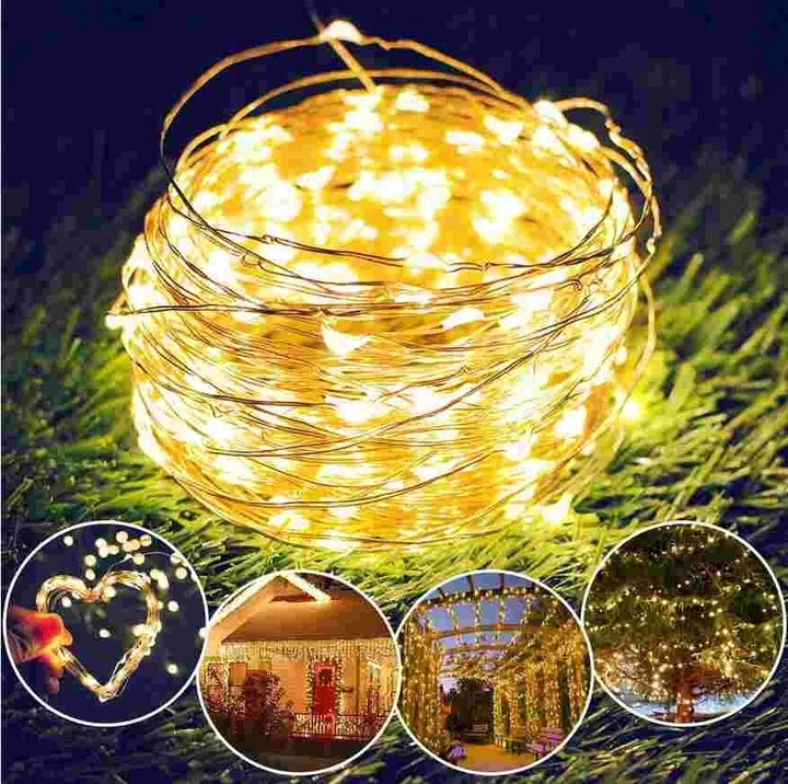 LAMPKI DRUCIKI LED SOLARNE 100 LED 10M OGRODOWE BALKONOWE BIAŁY CIEPŁY Zasilanie solarne