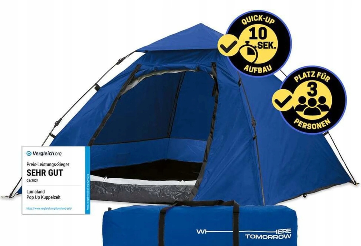 Namiot kopułowy kampingowy Pop Up 3os. niebieski Rozkładany W 10 Sekund