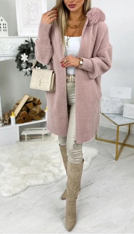 ALPAKA PŁASZCZ DAMSKI JESIENNY DŁUGI KAPTUR ZAMEK WEŁNA FUTERKO PUDROWY RÓŻ Kolor różowy