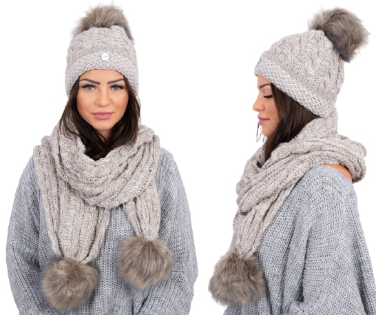 

Komplet damski czapka z pomponem i szal zimowy