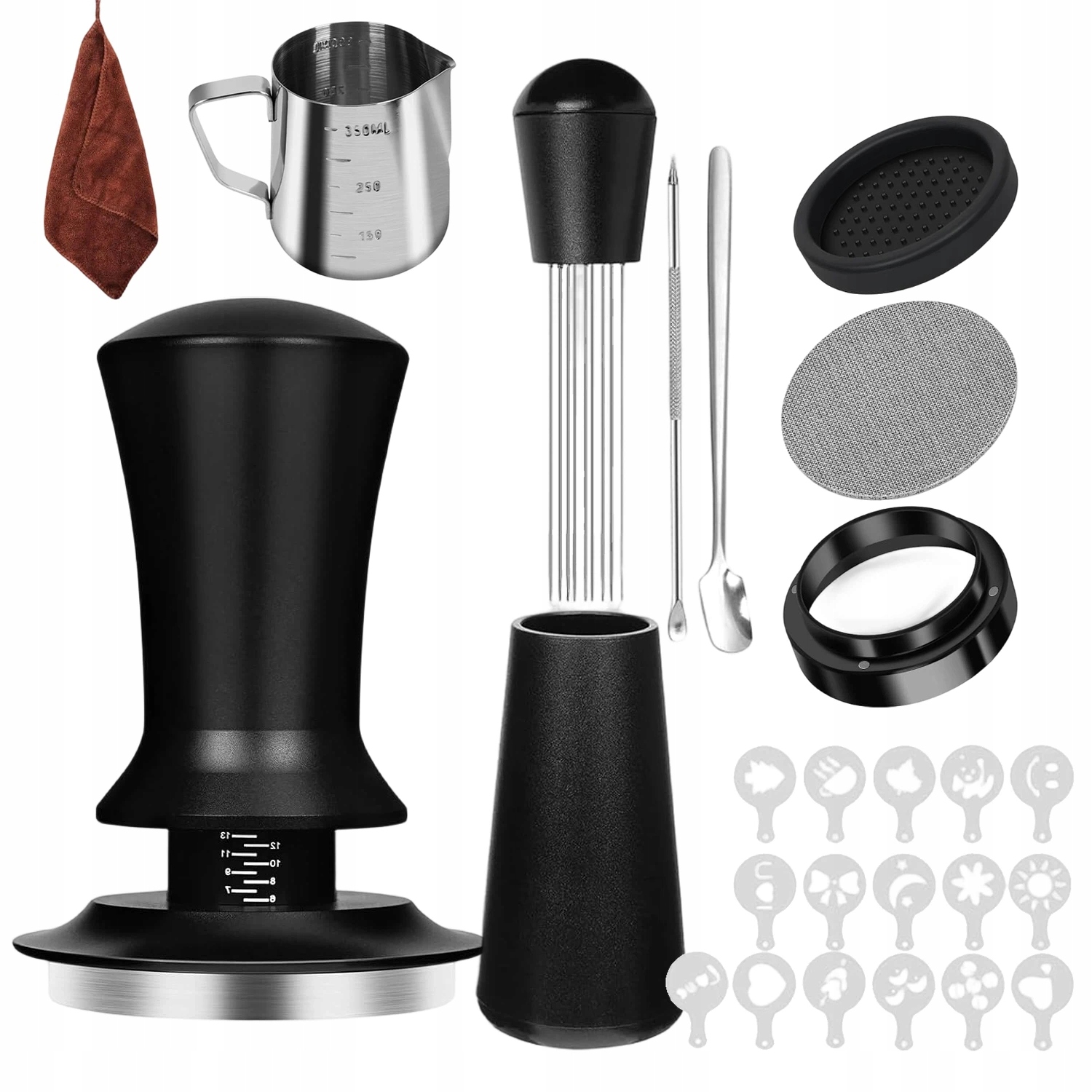 Levně Sada Baristy 51MM Tamper Džbán 350ML 16 Šablon Trychtýř Filtrová Podložka