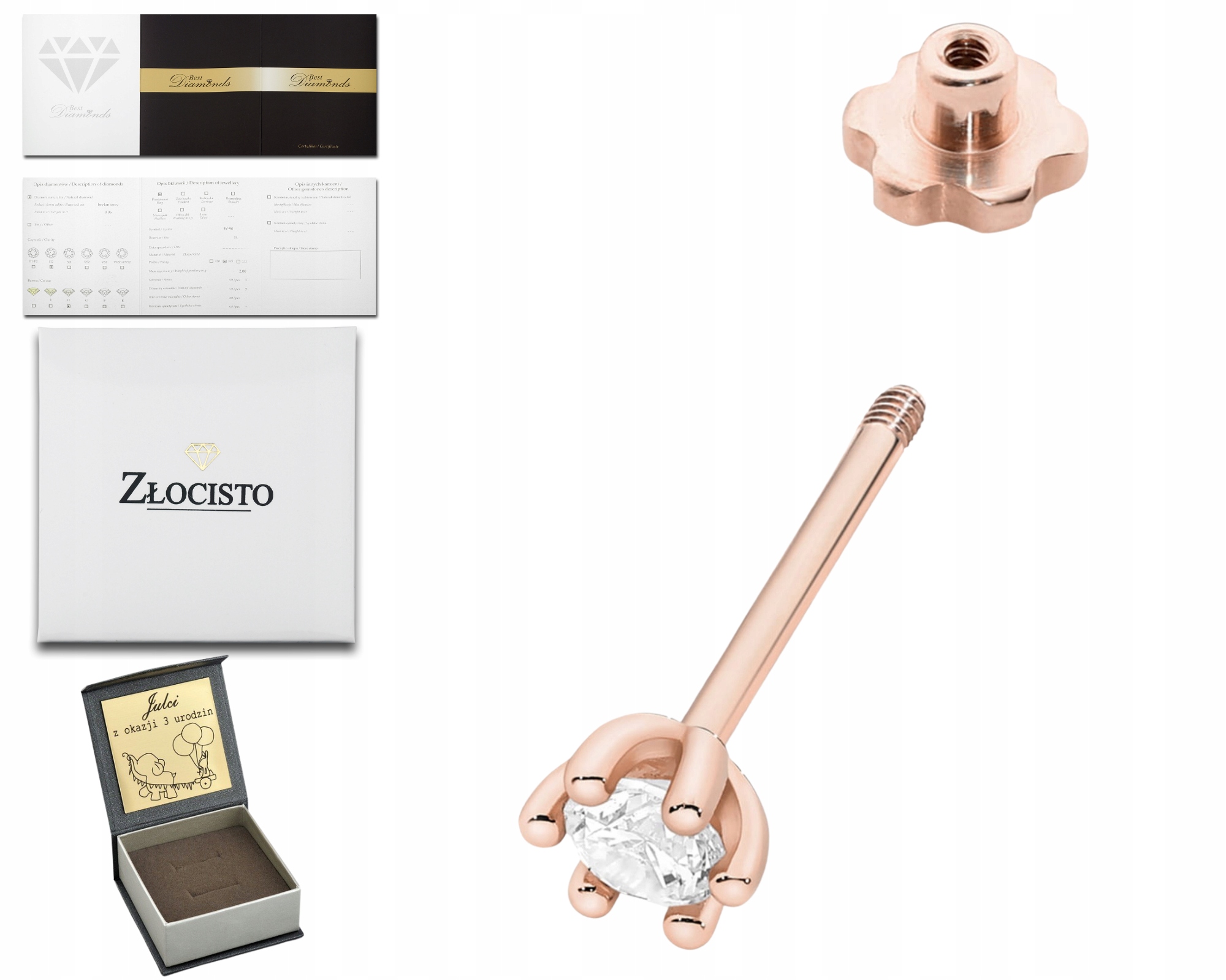 Růžové Zlato Klasická Náušnice S 6 Tlapkami Diamantová Šroubovací Tyčinka 1 Kus