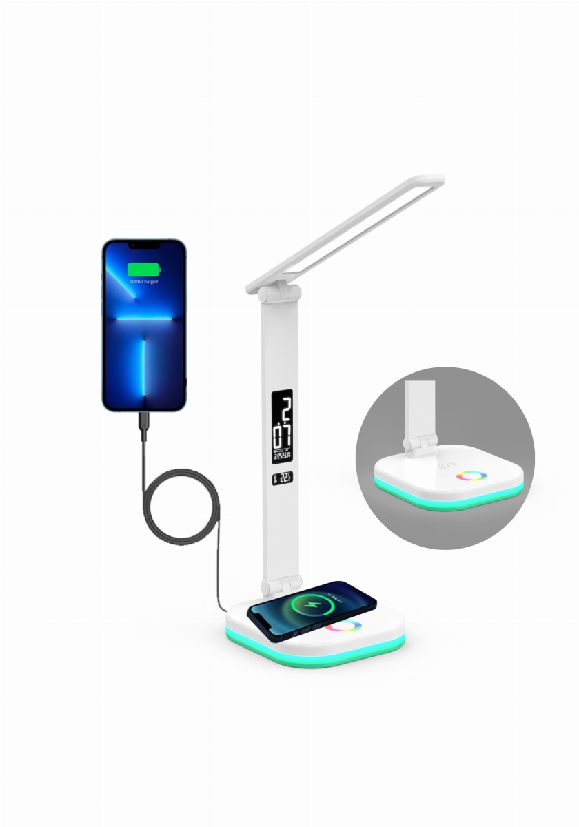 Led stolní lampička s budíkem, Rgb a bezdrátovou nabíječkou