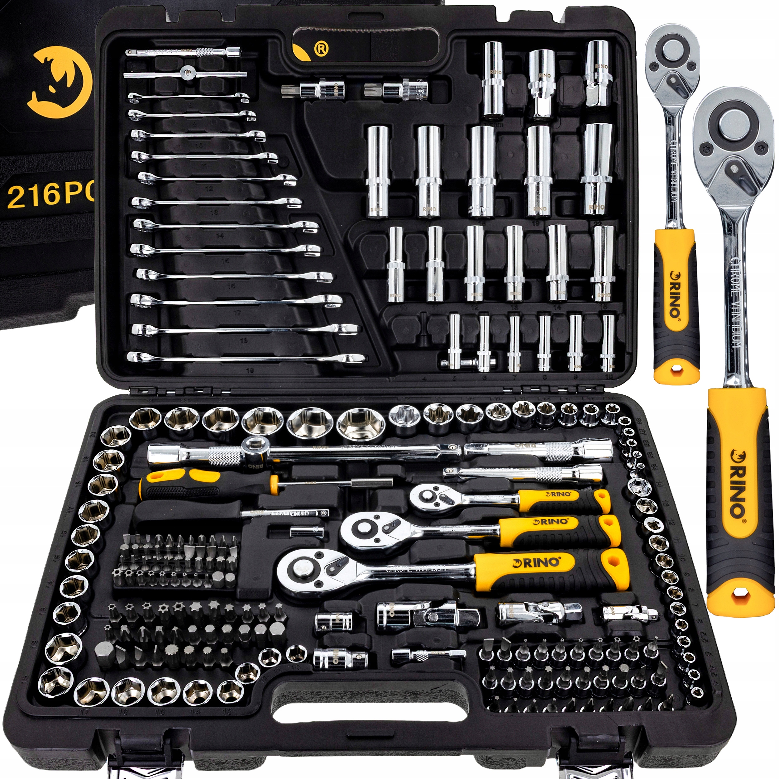 Zestaw Kluczy Nasadowych 216 El. Walizka Klucze Grzchotki Nasadki Crv Rino