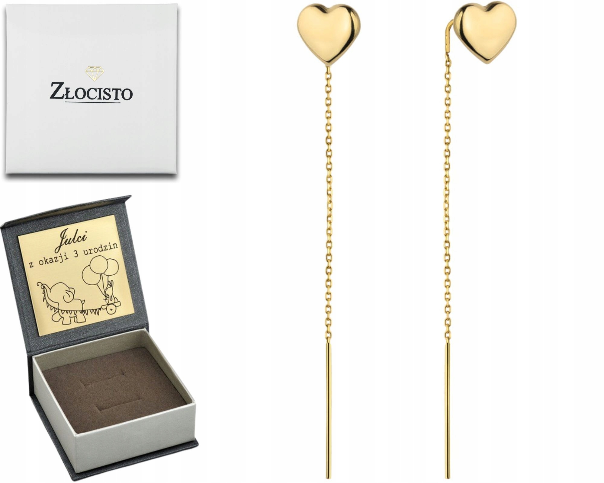 Złote Kolczyki Wiszące Przewlekane Serduszka Serca Złoto 585