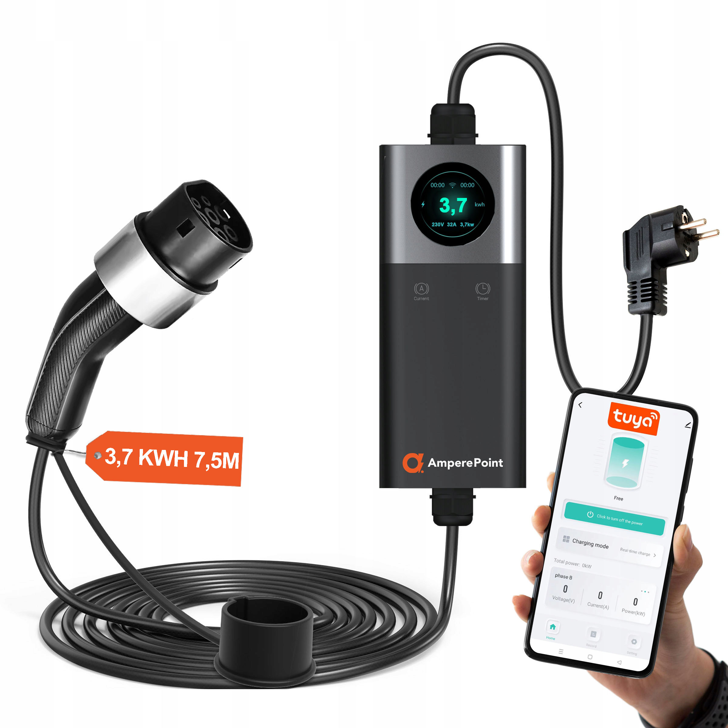 Ampere Point Q37 3,7kW/7,5m Polska ładowarka mobilny Wallbox Tuya Pomagamy