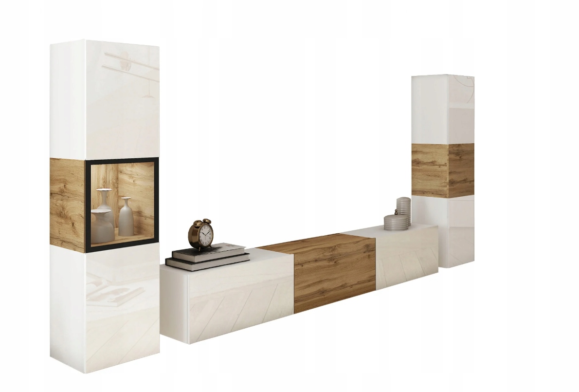 Nábytková Stěna Berlin 180 cm bílý lesk/dub wotan do obývacího pokoje, moderní