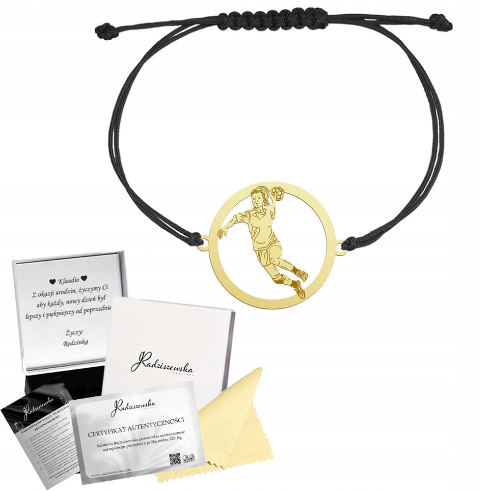 Zlatý náramek Ruční míč Žena Stříbro 925 Šňůra Gravírování Bonus