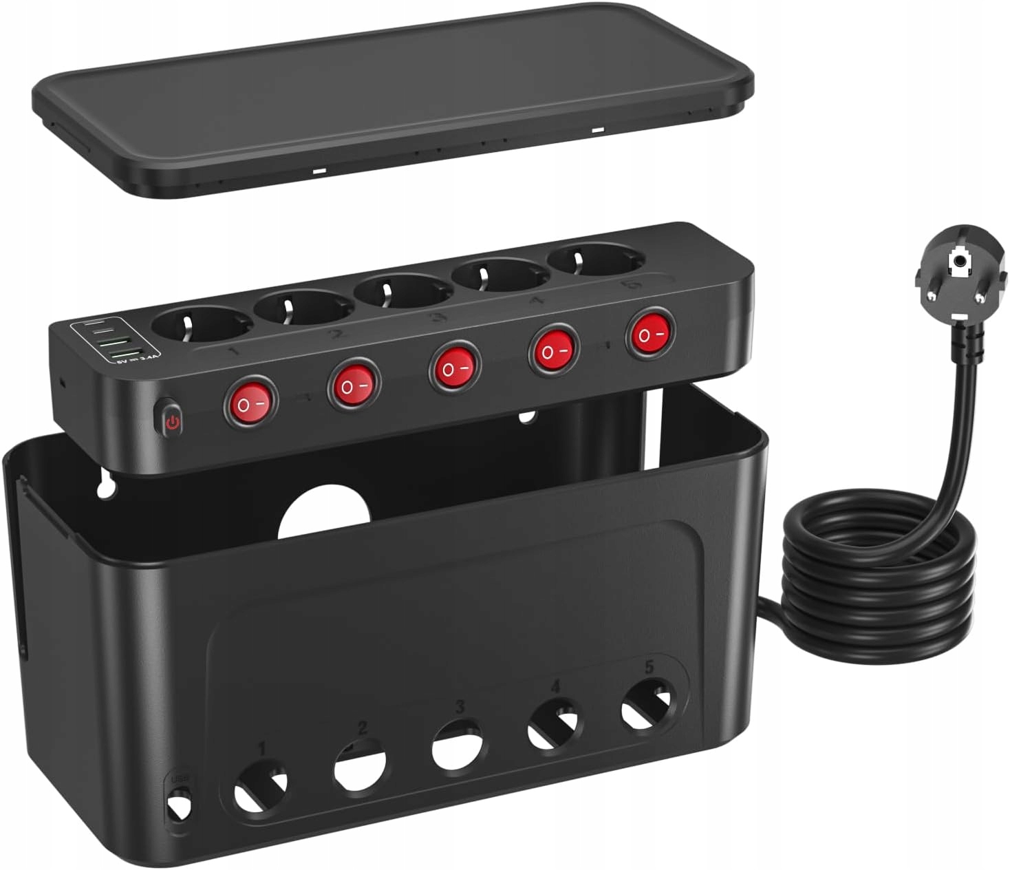 Organizér Kabelů Box Kiykzi Nabíječka Síťová Lišta 2XUSB 5 Zásuvek