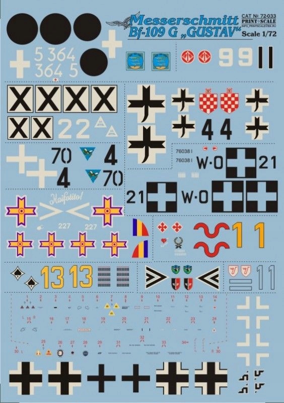 Messerschmitt Bf 109G "gustav" Print Scale 72-033 měřítko 1/72