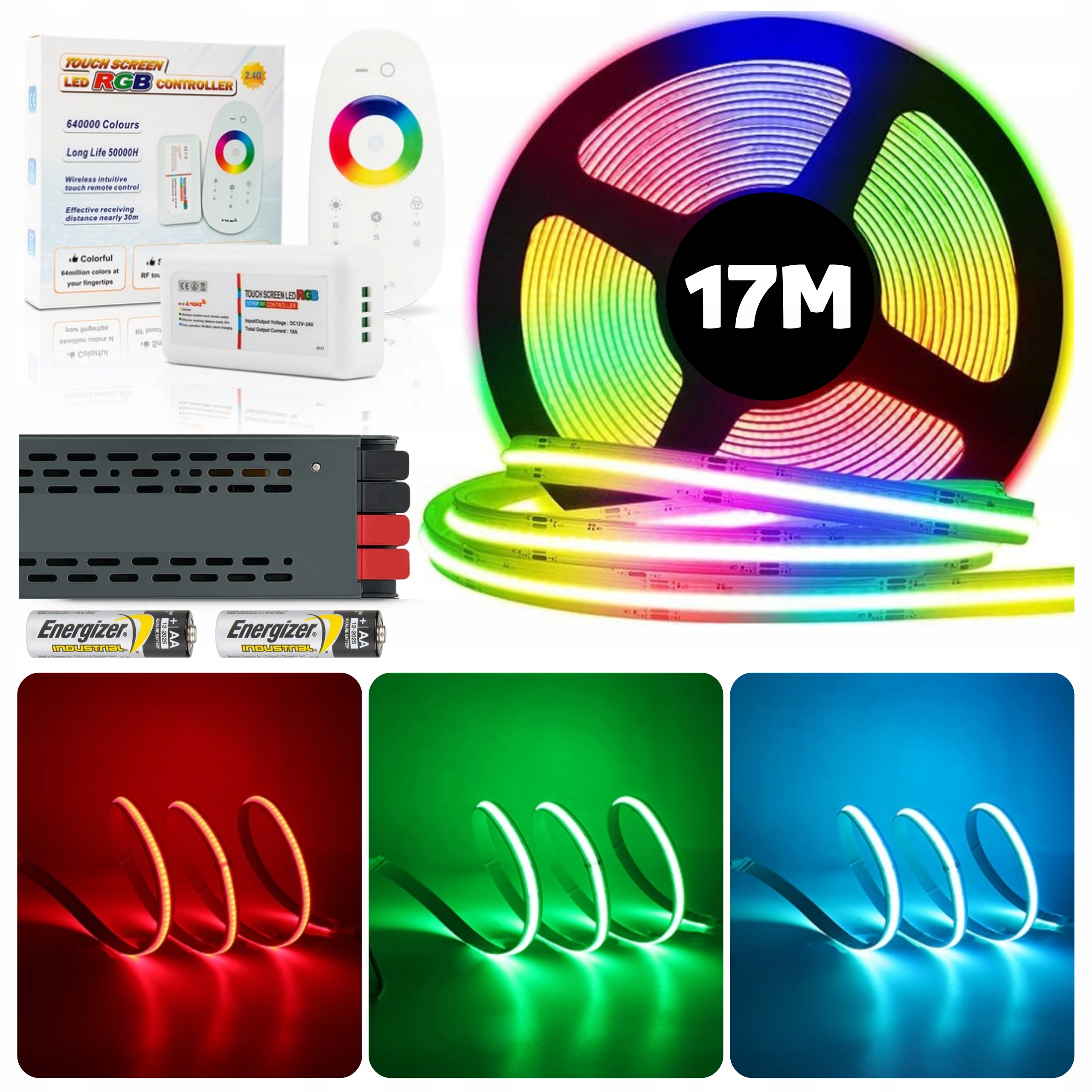 Set 17M Led Cob Rgb neónová páska 840 diód 15W 24V s diaľkovým ovládaním a napájacím zdrojom