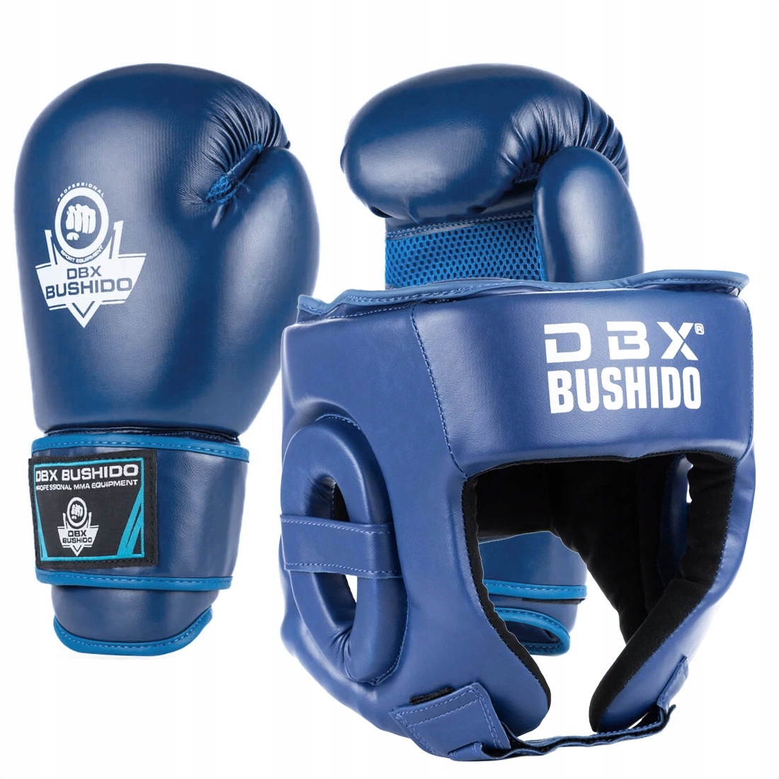 Zestaw bokserski turniejowy rękawice bokserskie kask bokserski niebieski