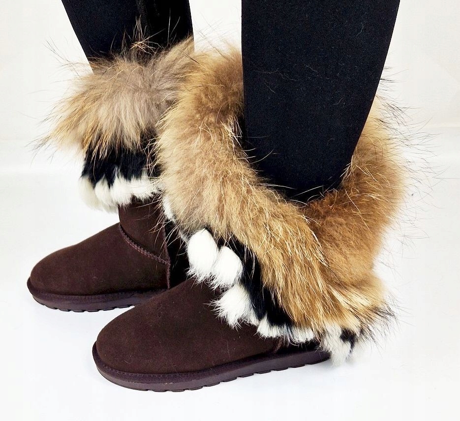 BRĄZOWE SKÓRZANE ŚNIEGOWCE BUTY BOTKI Z FUTREM 38