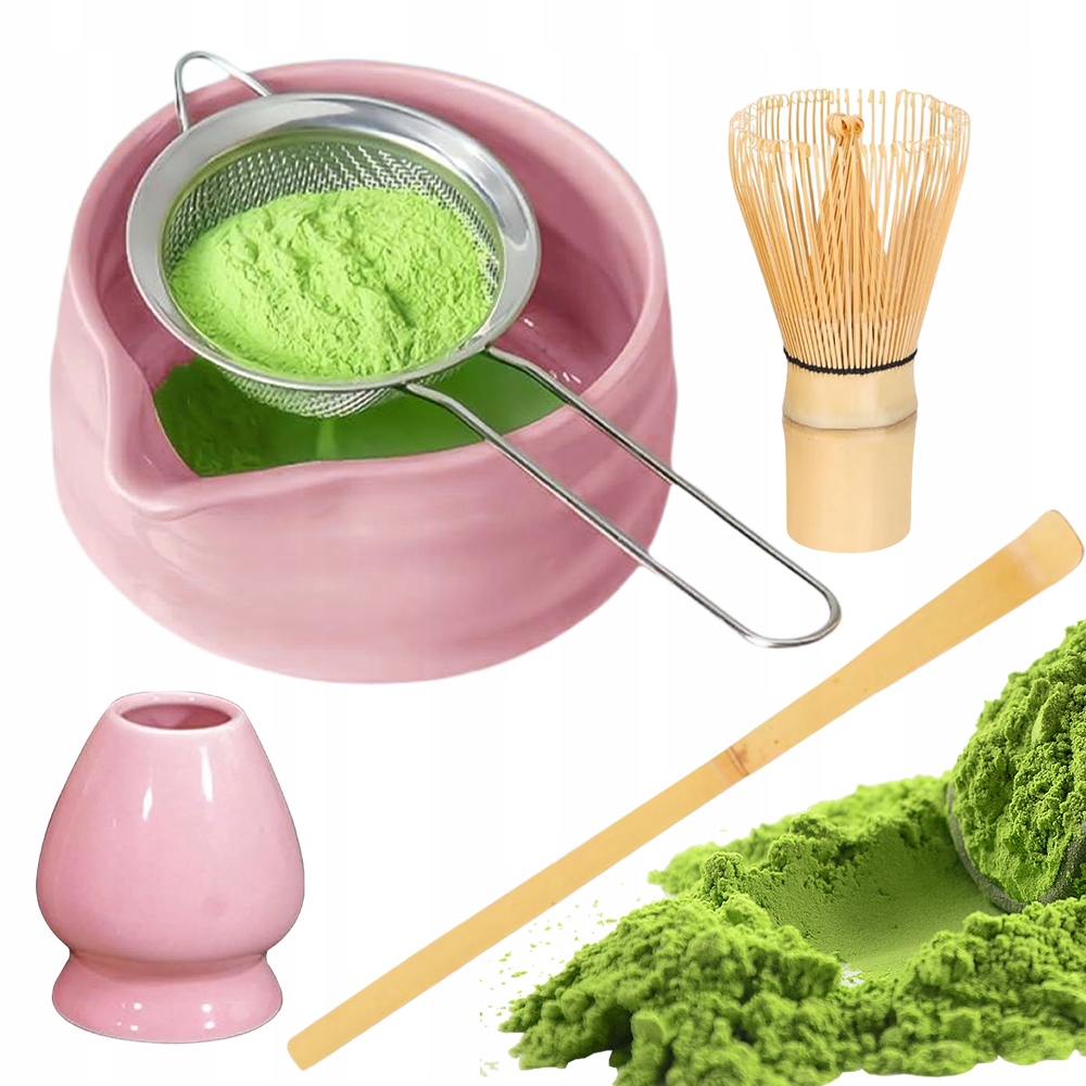Elegantní Růžová Sada Matcha Keramická Miska Bambusová Šlehací Metla