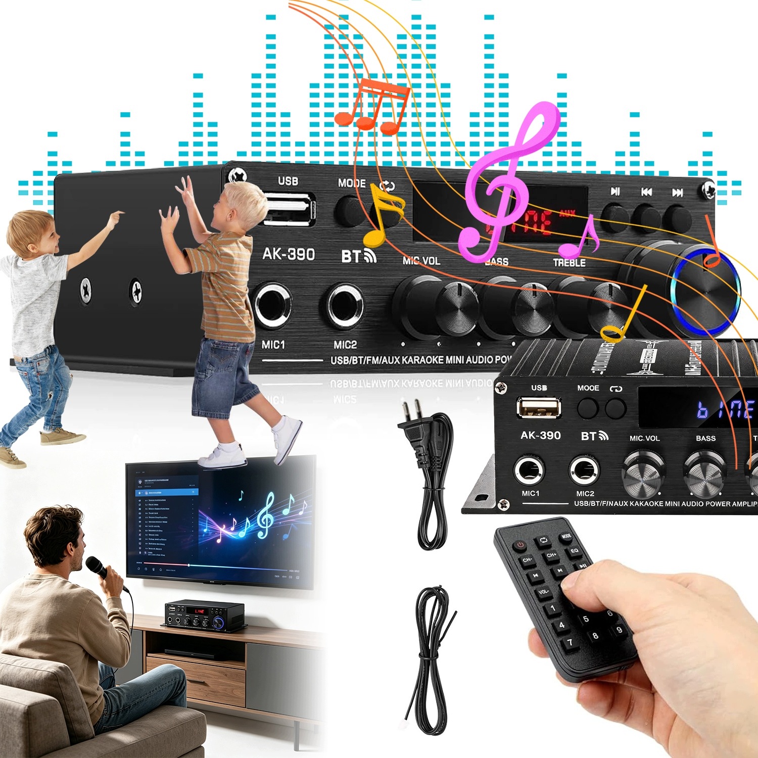 Mini Audio Zesilovač AK-390 Bluetooth 5.0 40WX2 Funkce Karaoke Rádio Fm
