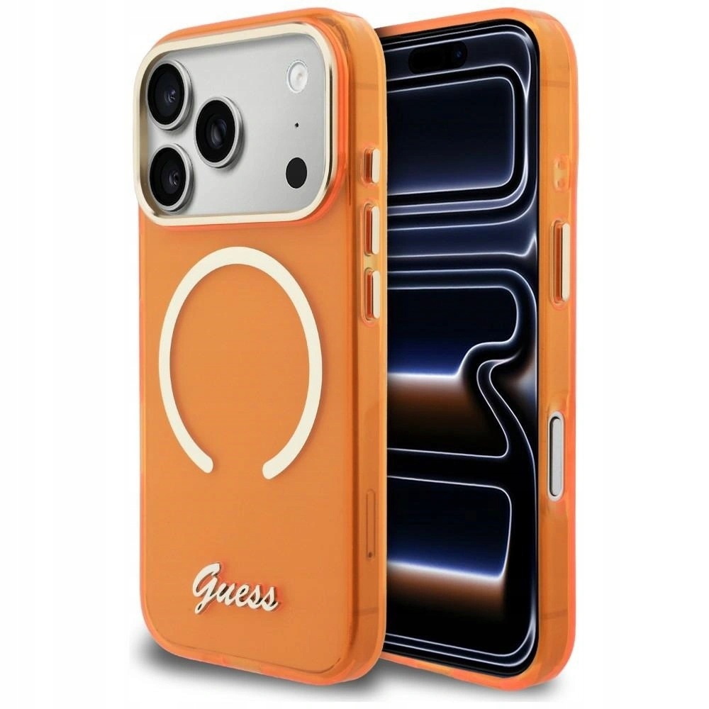 Pouzdro Guess IML Script Metal MagSafe pro iPhone 17 Pro oranžové