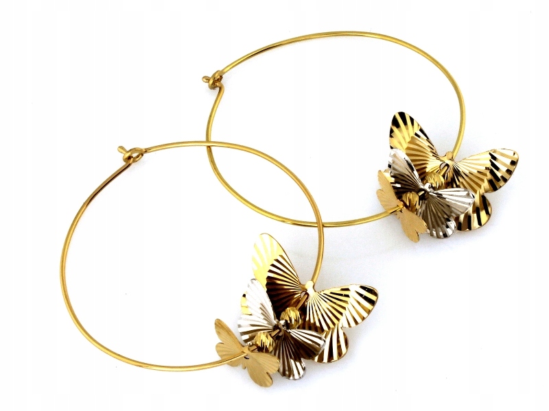 Zlaté náušnice, moderní, originální kolečka 585, tři motýli jako dárek