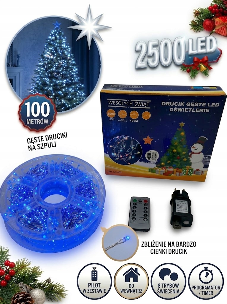 Vánoční Osvětlení Na Stromeček 100 m 2500 Led modré 8 režimů pro vnitřní použití