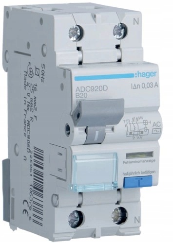 Proudový spínač 2P typ B Ac 20A Hager Rcbo s nadproudovým členem