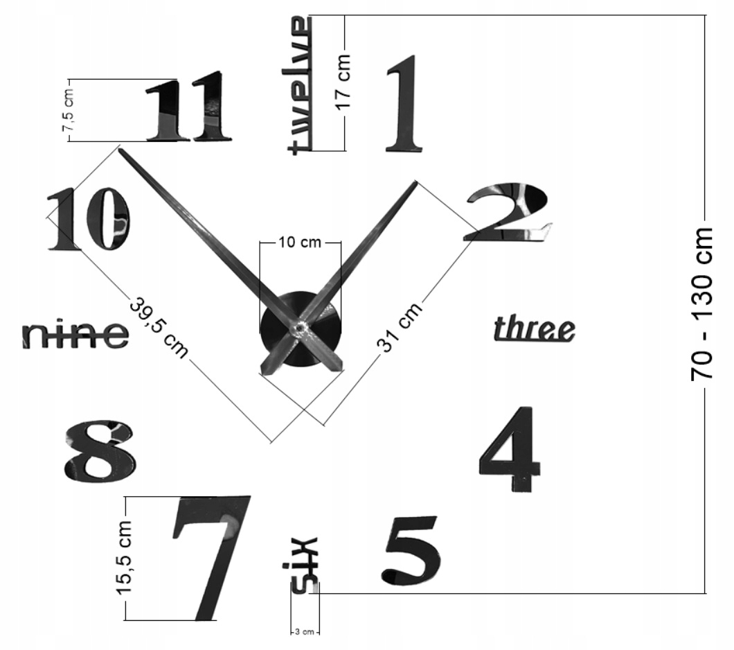 ZEGAR ŚCIENNY nowoczesny przyklejany na ścianę DIY Kolor czarny