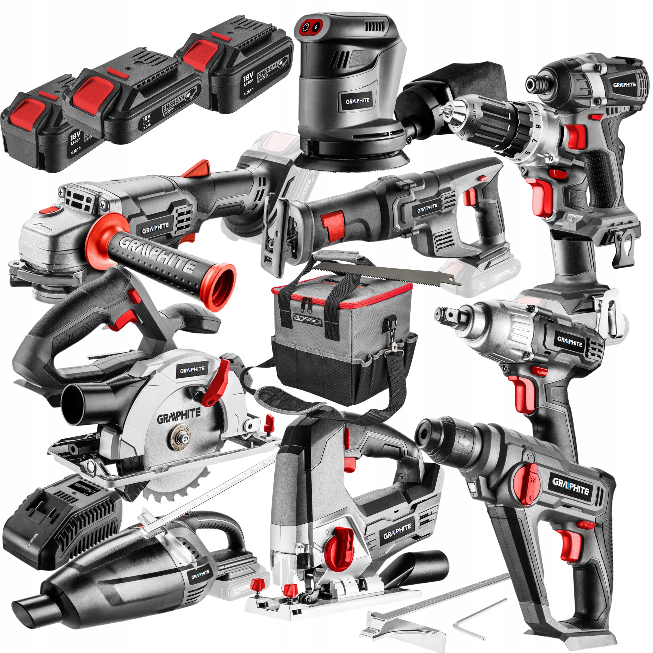 ZESTAW ELEKTRONARZEDZI 18V 2x4Ah 2Ah GRAPHITE 15el