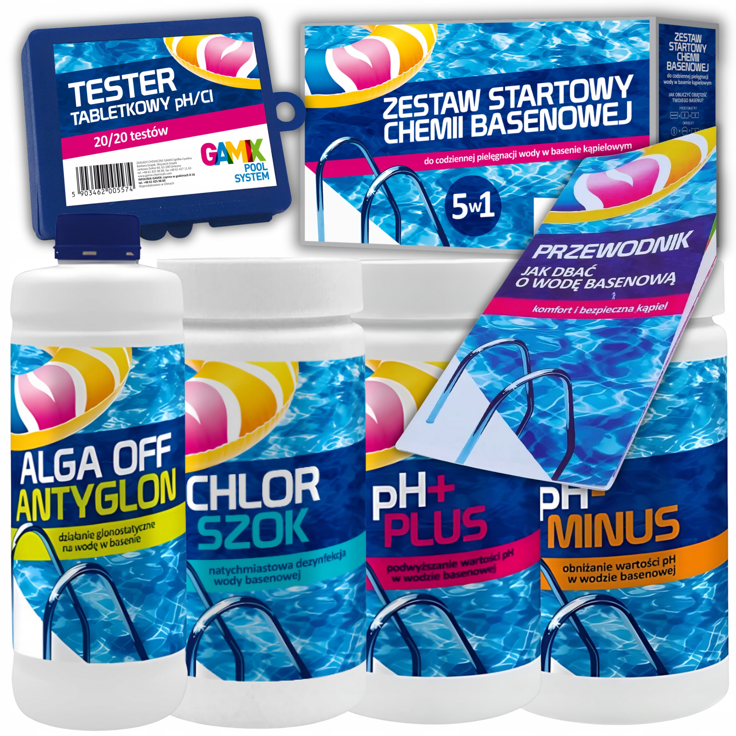 Zestaw Startowy 5W1DO Basenu Chlor Szok Alga Koagulant Tester Ph Poradnik