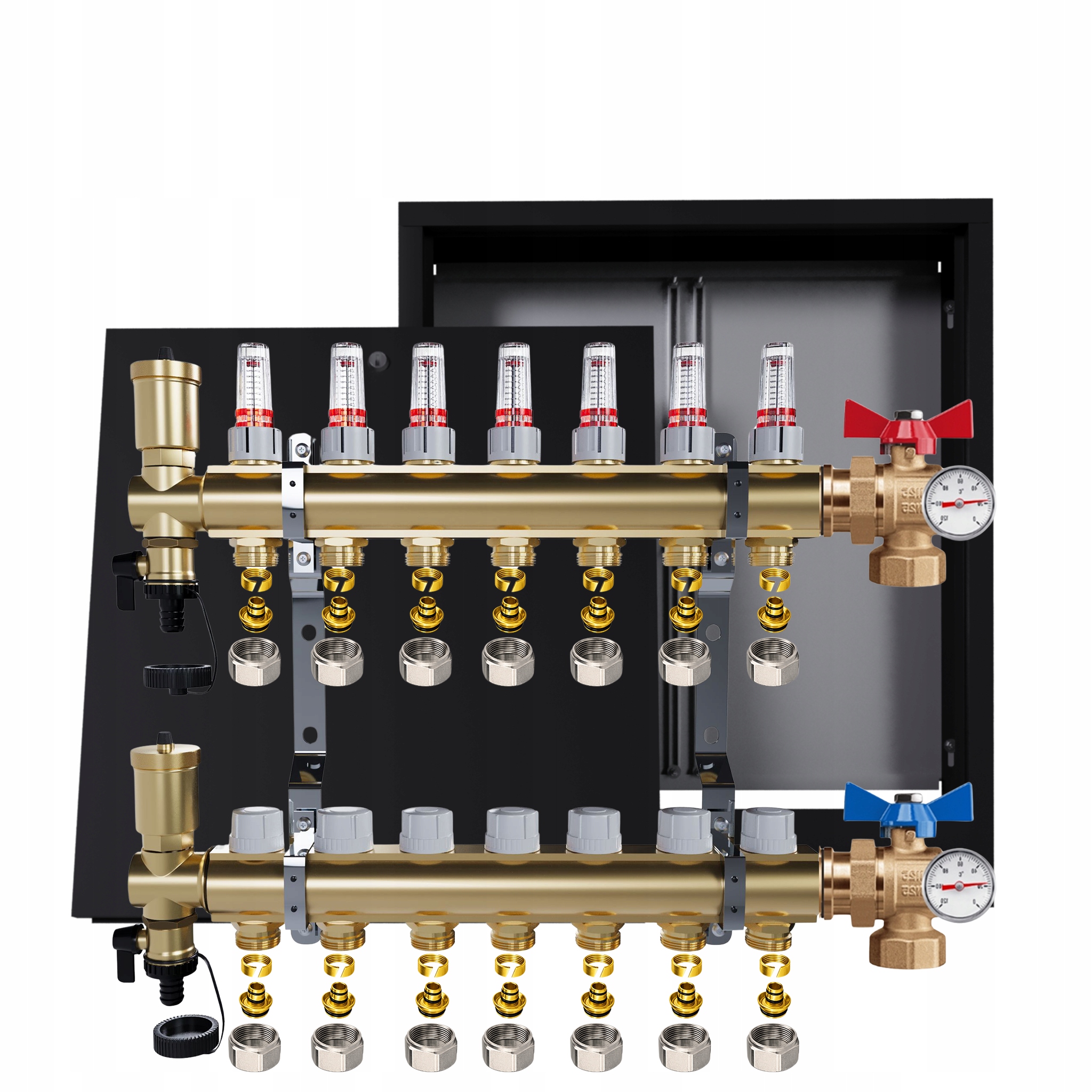 Rozdělovač Pro Podlahovou Krytinu 7 Okruhů Ventily Teploměr Skříňka Pex