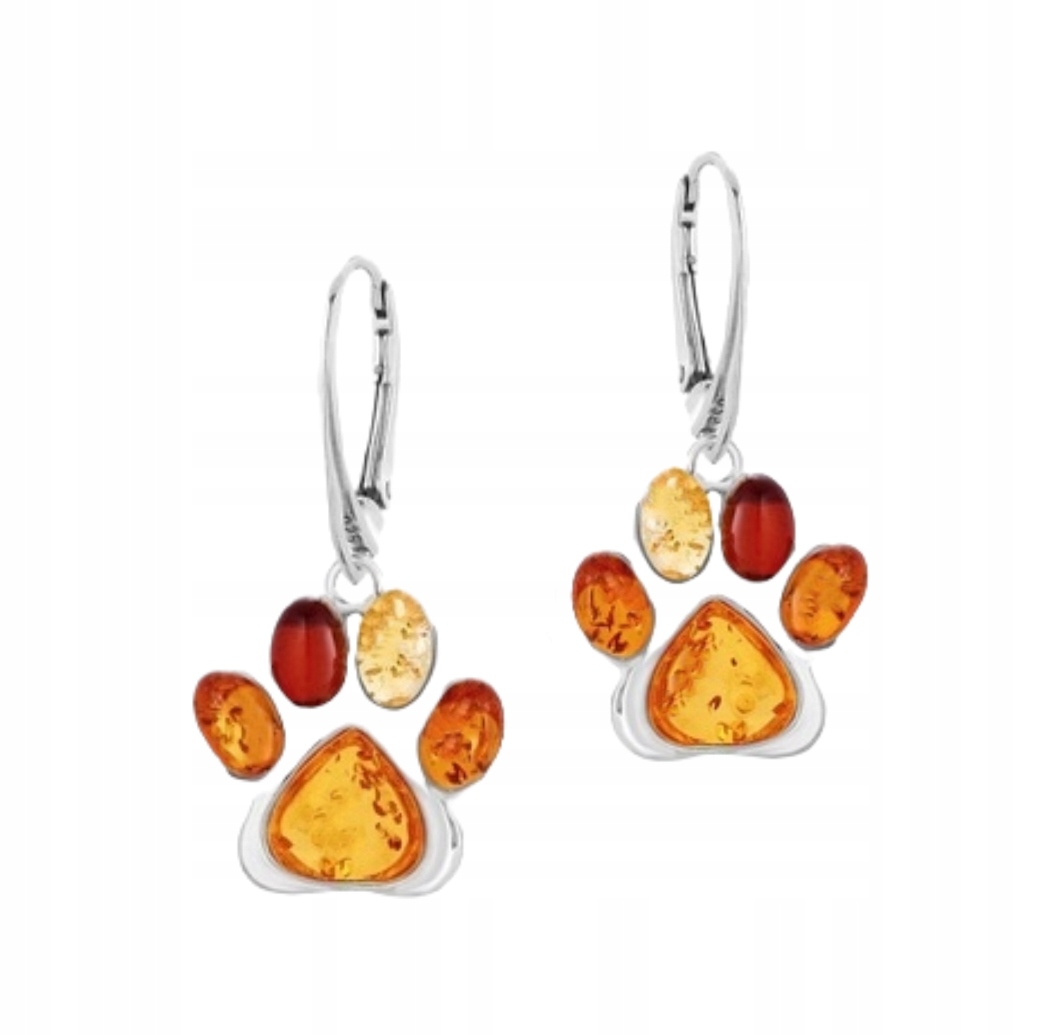 Stříbrné Náušnice Psí Tlapky Barevný Baltský Jantar Dárek