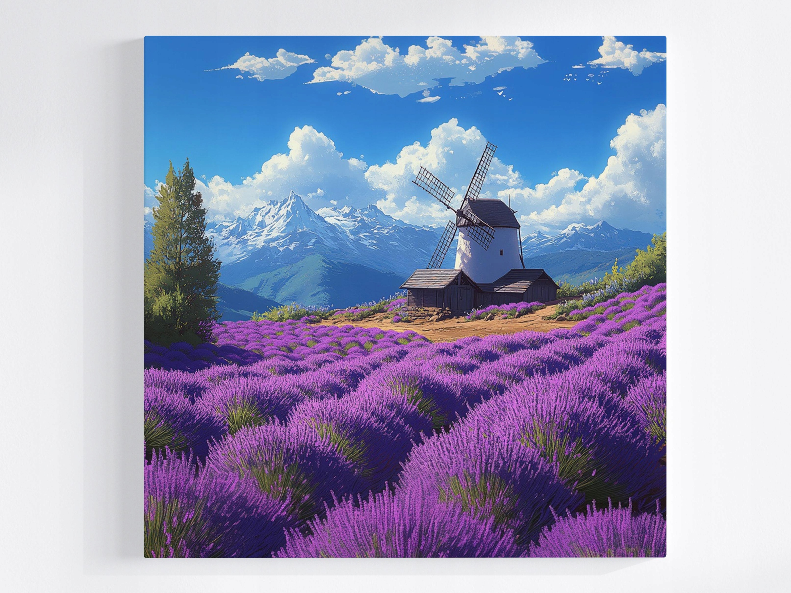 Obraz Na Plátně Canvas Krajina Hory Pole Levandule Větrný Mlýn 80x80
