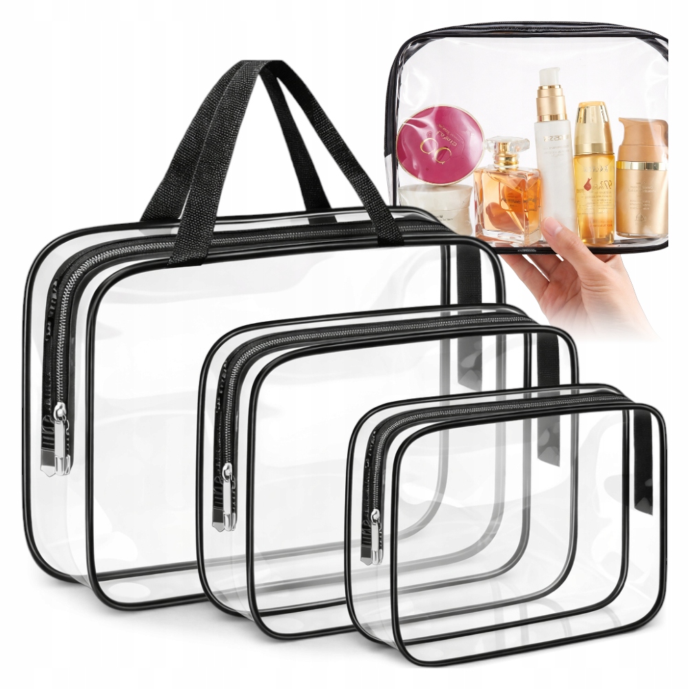 KOSMETYCZKA PRZEZROCZYSTA PODRÓŻNA ORGANIZER DO SAMOLOTU ZESTAW 3szt
