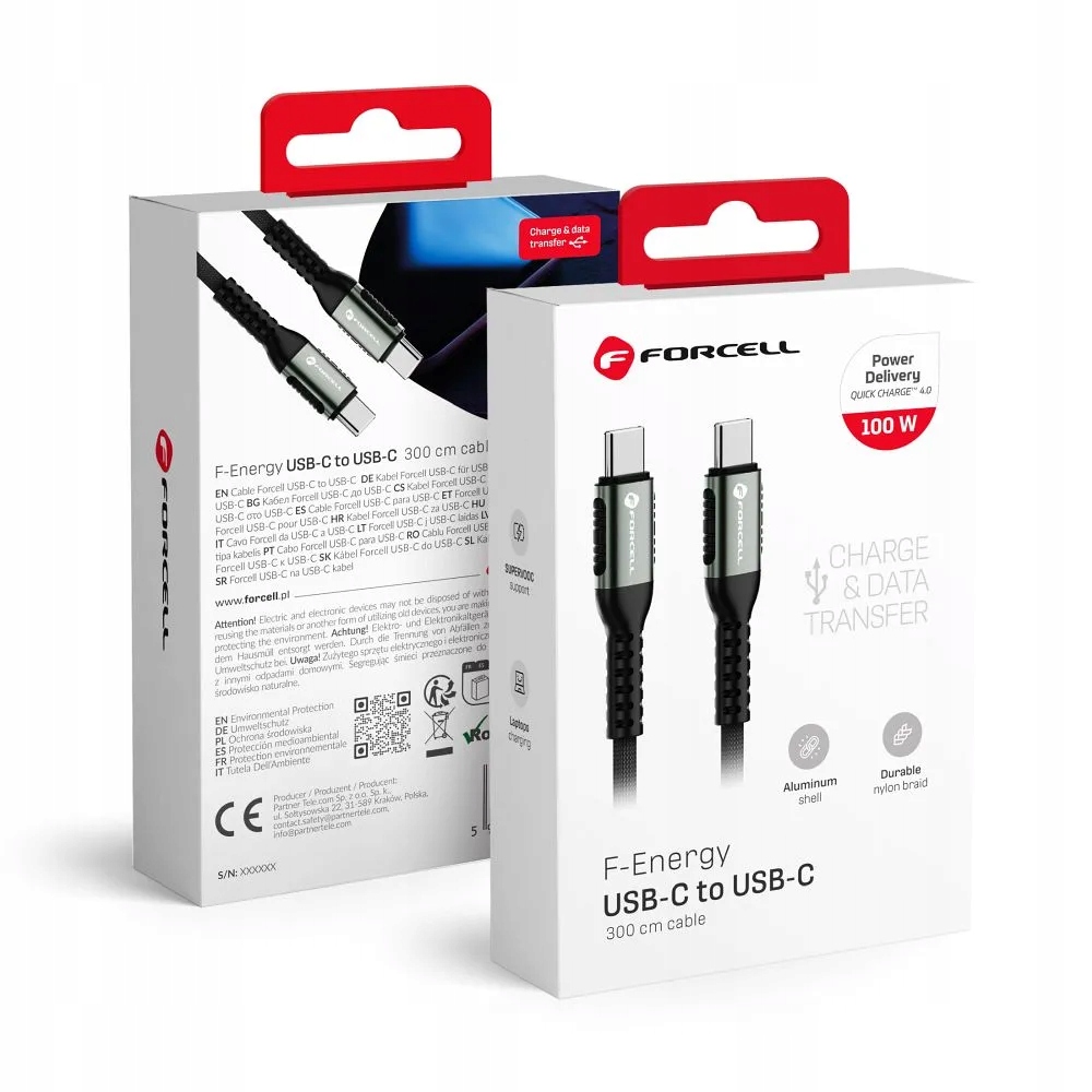 Kabel Usb C na Usb C Forcell F-Energy QC4.0 Pd 5A 100W Cafule 3 m C260 černý