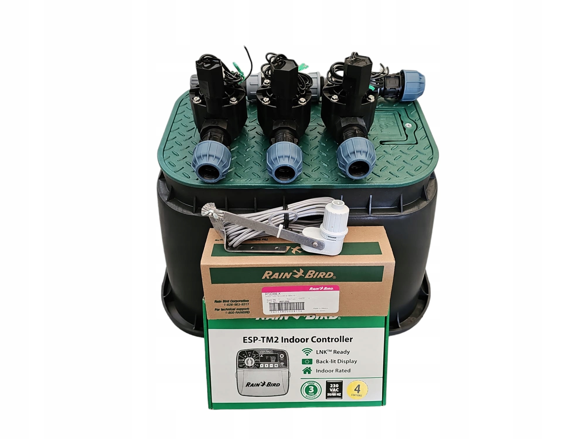 Zestaw Rain Bird 3 sekcje Hv z korkiem Sterownik TM2 Czujnik Rsdbex Pe 32