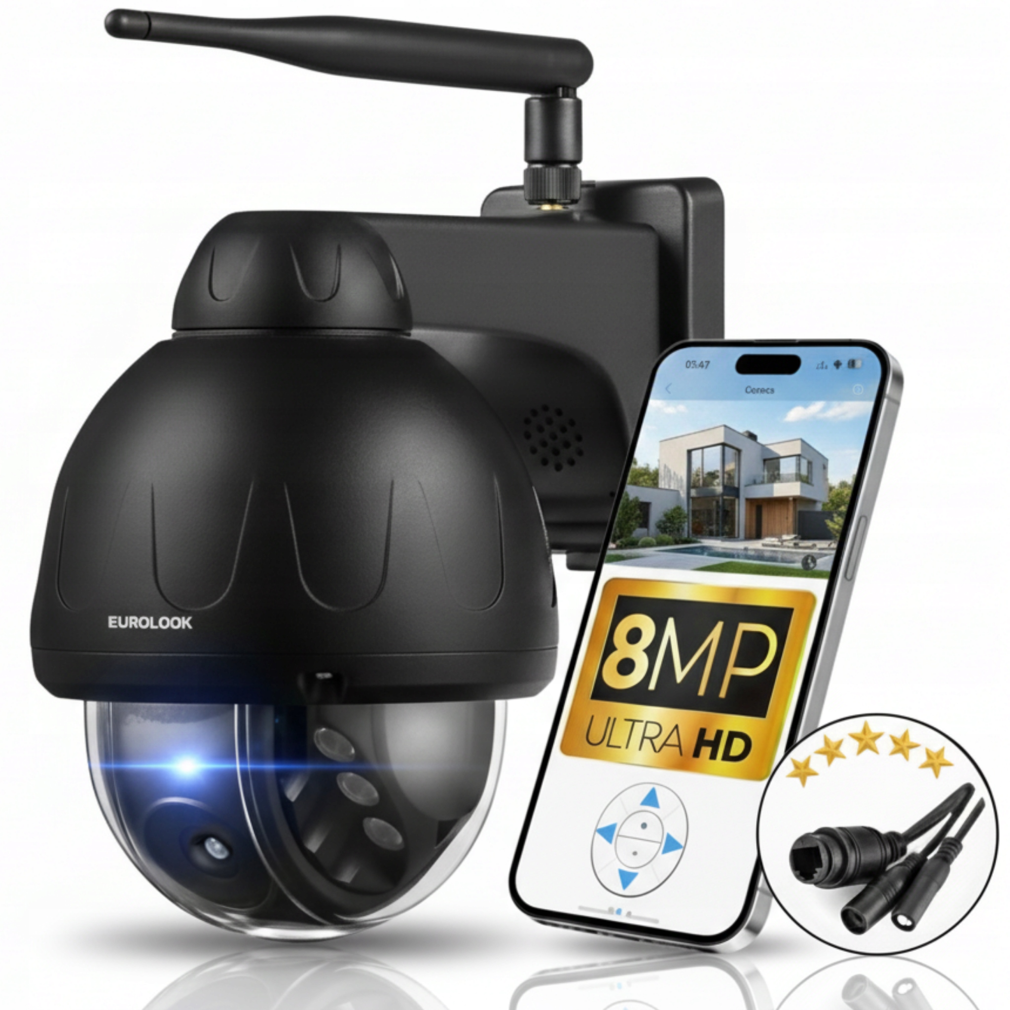 Vonkajšia otočná WiFi kamera 8MPx Audio Detekcia kovová čierna Ptz