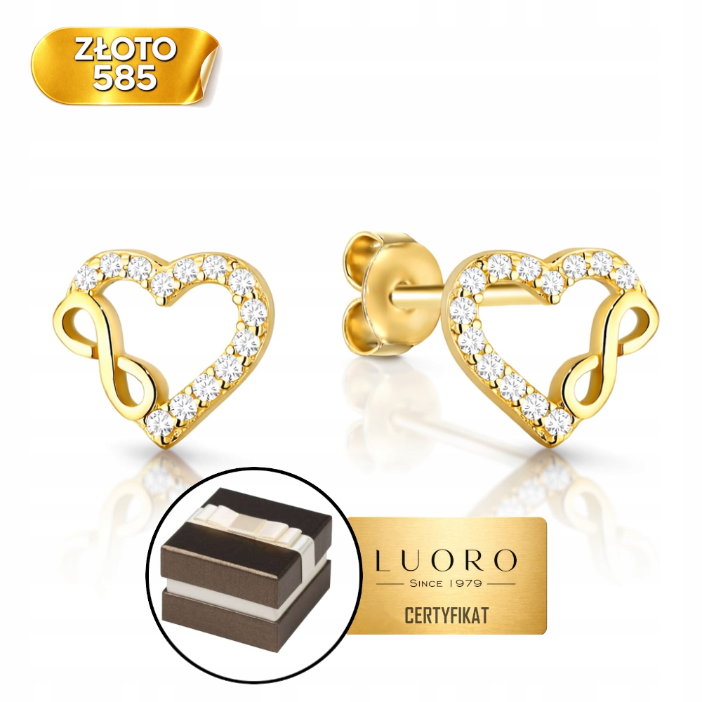 Náušnice Zlaté 585 14K Srdce Nekonečno Zirkony Tyčinka 7X7 MM