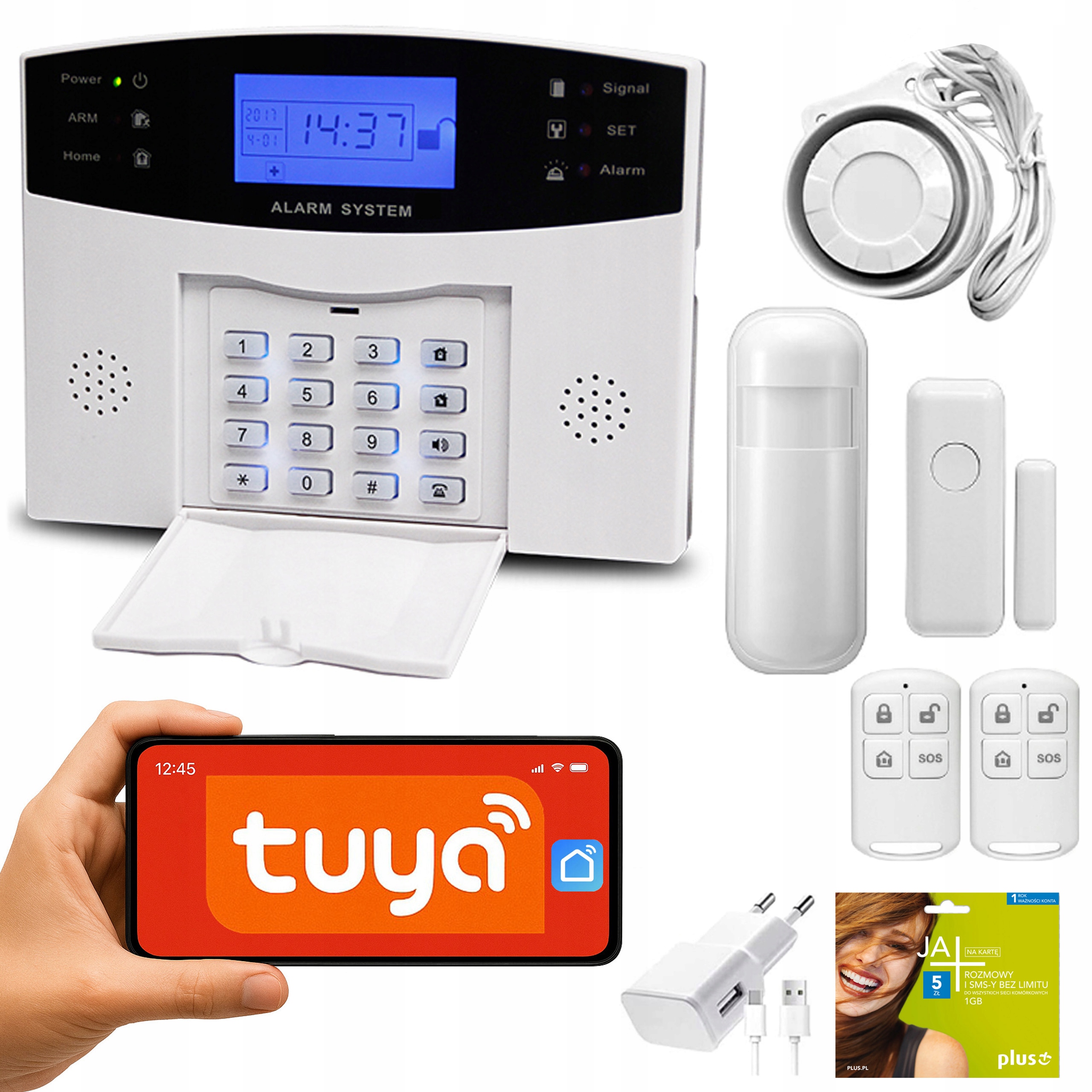 Bezprzewodowy Alarm Domowy Wifi Tuya Gsm LCD Wi-Fi Karta Sim Syrena Czujnik