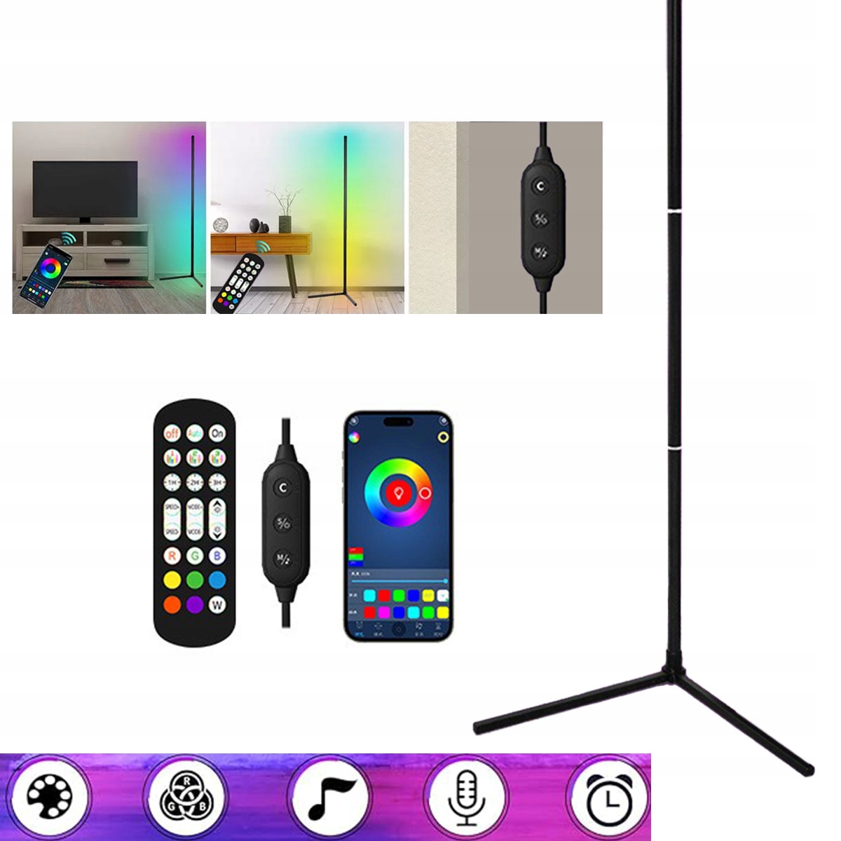 Led podlahová lampa rohová Bluetooth, nastavitelná Rgb