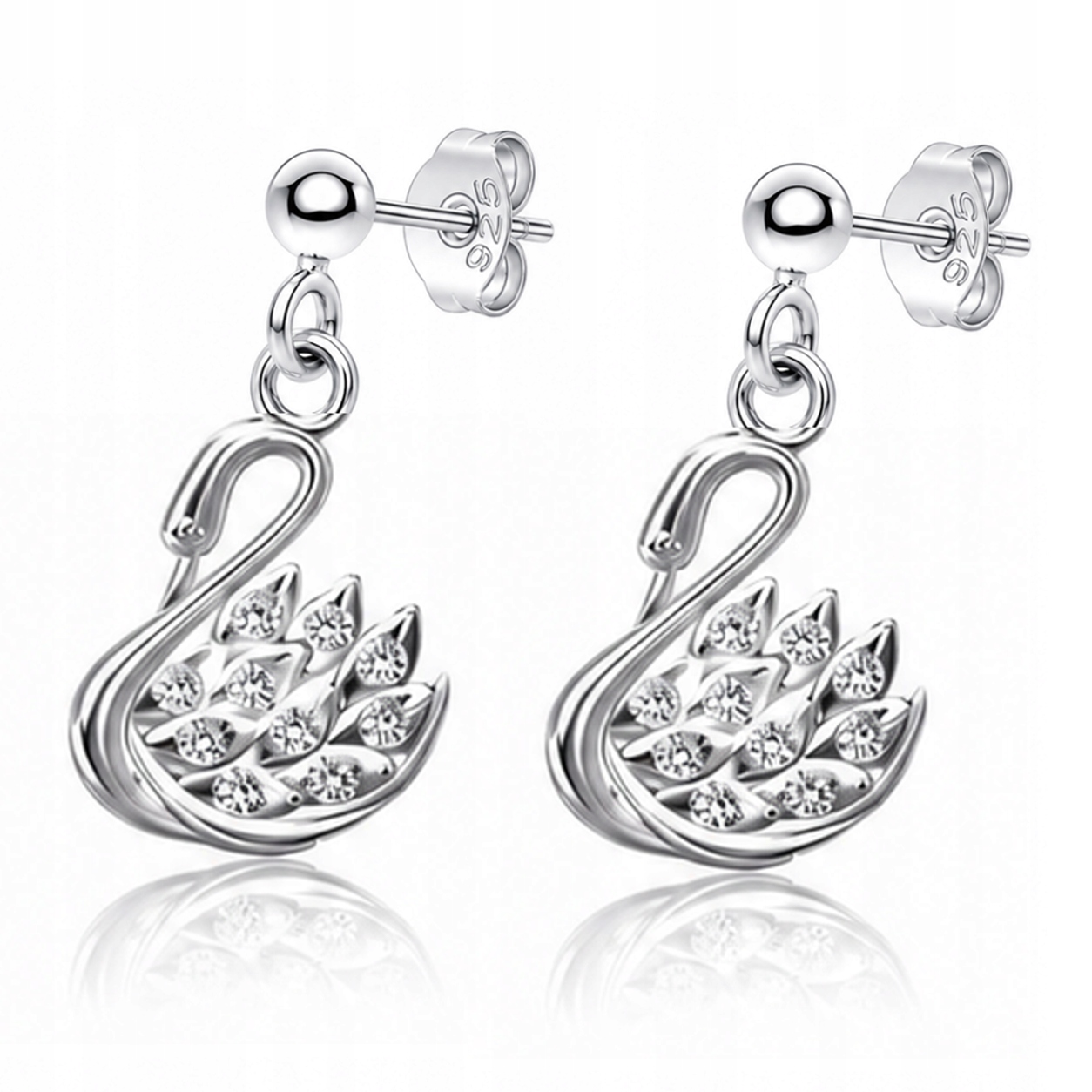 Labuť se zirkony a stříbrnými náušnice na tyčkách stříbro 925