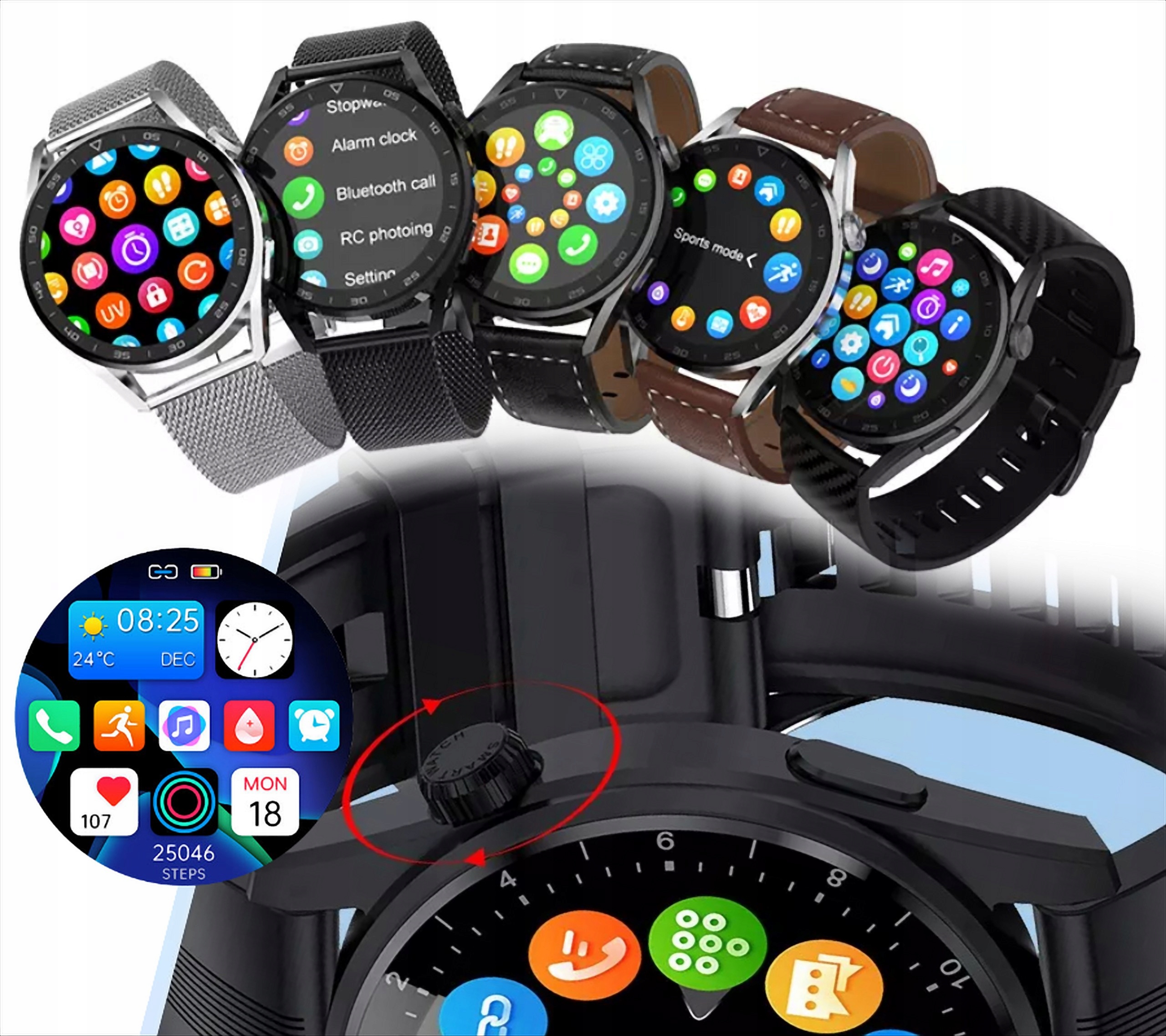 SMARTWATCH MĘSKI ZEGAREK POLSKIE MENU ROZMOWY SPORT SMART WATCH + 2 PASKI Lokalizator GPS nie
