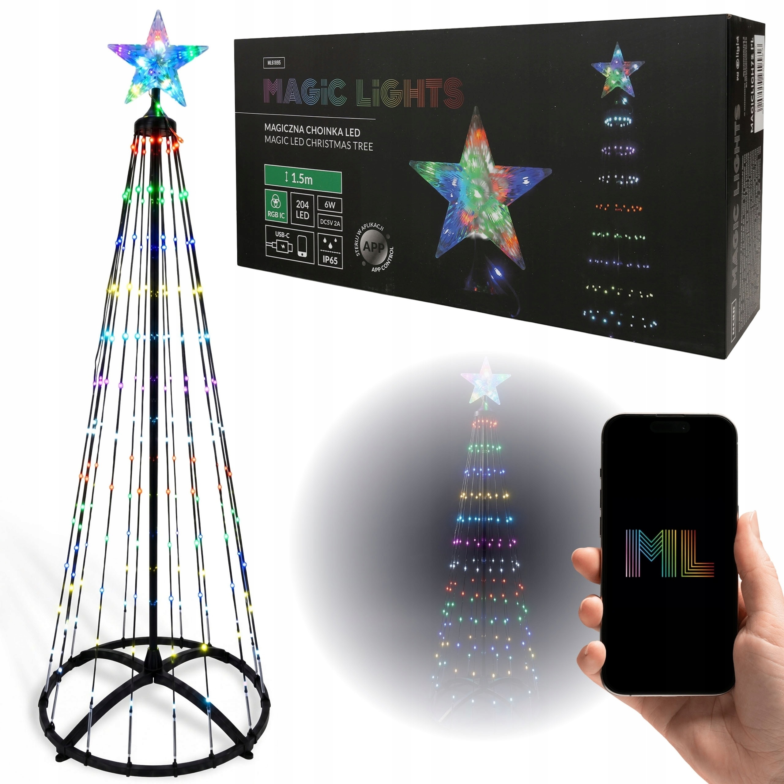 Kouzelný vánoční stromek, kuželovitý světelný vánoční stromek 150 cm 204 Led, 1 milion barev