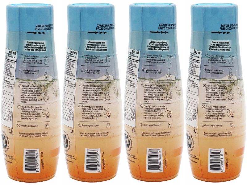 6x SYROP SODASTREAM KONCENTRAT POMARAŃCZA MANGO ZERO 9L NAPOJU z 440ml Kolor dominujący pomarańczowy