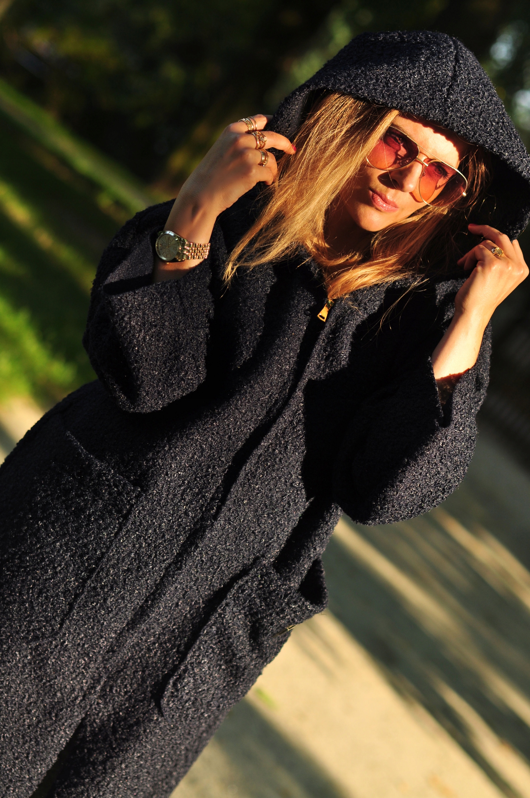 CIEPŁY PŁASZCZ BARANEK z kapturem NA SUWAK red Model oversize, luźny