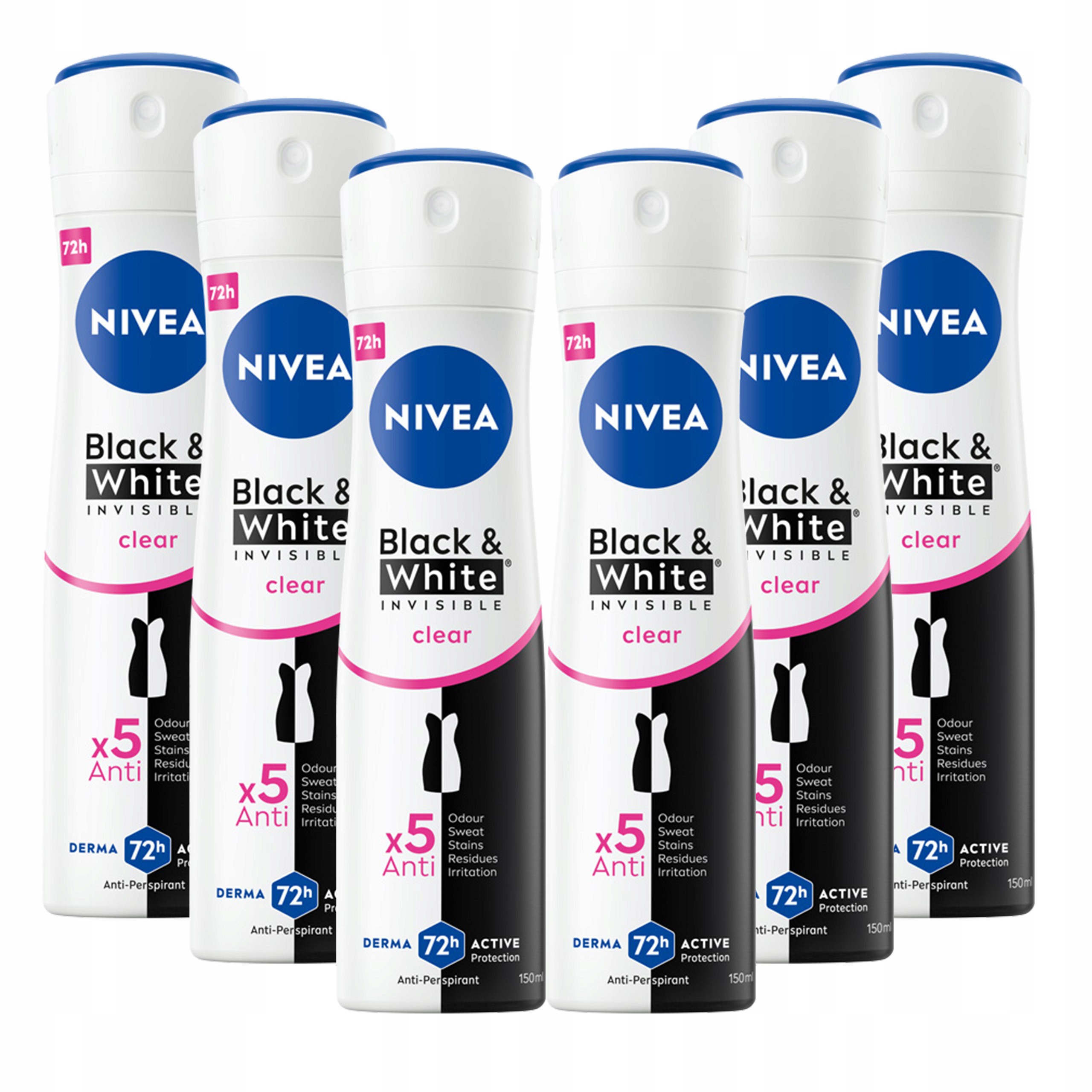 6 x Nivea Black & White Invisible Clear Antyperspiant ve spreji 150 ml