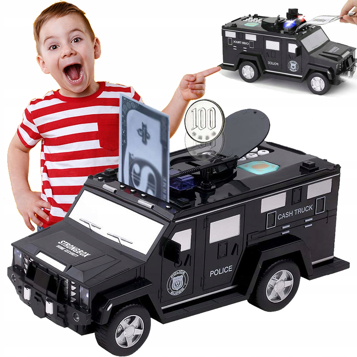 

Sejf Skarbonka Auto Policja na Monety Banknoty Pin